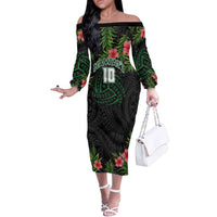 Custom Hawaii Volleyball Off The Shoulder Long Sleeve Dress Kakau Abstract and Tropical Plants Black Color - Polynesian Pride