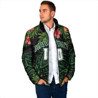 Custom Hawaii Volleyball Padded Jacket Kakau Abstract and Tropical Plants Black Color - Polynesian Pride