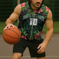 Custom Hawaii Volleyball Sleeveless Zip Hoodie Kakau Abstract and Tropical Plants Black Color LT03 - Polynesian Pride