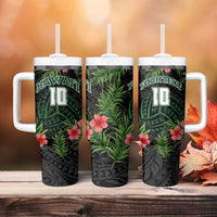 Custom Hawaii Volleyball Tumbler With Handle Kakau Abstract and Tropical Plants Black Color - Polynesian Pride