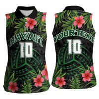 Custom Hawaii Volleyball Women Sleeveless Polo Shirt Kakau Abstract and Tropical Plants Black Color - Polynesian Pride