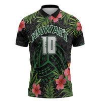 Custom Hawaii Volleyball Zipper Polo Shirt Kakau Abstract and Tropical Plants Black Color - Polynesian Pride
