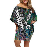 New Zealand Family Matching Off Shoulder Short Dress and Hawaiian Shirt Aotearoa Symbols With Silver Fern LT03 Mom's Dress Black - Polynesian Pride