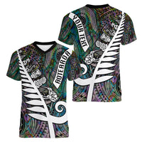 Personalized New Zealand Women V Neck T Shirt Aotearoa Symbols With Silver Fern LT03 - Polynesian Pride