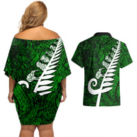 New Zealand Couples Matching Off Shoulder Short Dress and Hawaiian Shirt Silver Fern and Maori Symbols Papua Shell Green Style LT03 - Polynesian Pride
