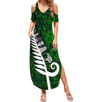New Zealand Family Matching Summer Maxi Dress and Hawaiian Shirt Silver Fern and Maori Symbols Papua Shell Green Style LT03 Mom's Dress Green - Polynesian Pride