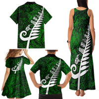 New Zealand Family Matching Tank Maxi Dress and Hawaiian Shirt Silver Fern and Maori Symbols Papua Shell Green Style LT03 - Polynesian Pride