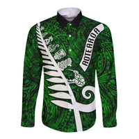 New Zealand Long Sleeve Button Shirt Silver Fern and Maori Symbols Papua Shell Green Style LT03 Unisex Green - Polynesian Pride