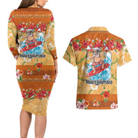 Hawaii Mele Kalikimaka Couples Matching Long Sleeve Bodycon Dress and Hawaiian Shirt Funny Santa Claus Surfing on Tropical Plants - Polynesian Pride