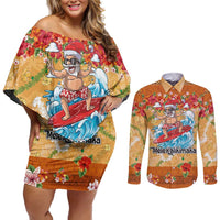 Hawaii Mele Kalikimaka Couples Matching Off Shoulder Short Dress and Long Sleeve Button Shirt Funny Santa Claus Surfing on Tropical Plants - Polynesian Pride