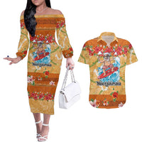 Hawaii Mele Kalikimaka Couples Matching Off The Shoulder Long Sleeve Dress and Hawaiian Shirt Funny Santa Claus Surfing on Tropical Plants - Polynesian Pride