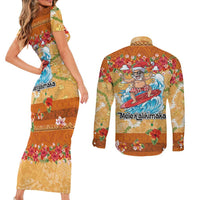 Hawaii Mele Kalikimaka Couples Matching Short Sleeve Bodycon Dress and Long Sleeve Button Shirt Funny Santa Claus Surfing on Tropical Plants - Polynesian Pride