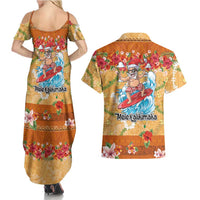 Hawaii Mele Kalikimaka Couples Matching Summer Maxi Dress and Hawaiian Shirt Funny Santa Claus Surfing on Tropical Plants - Polynesian Pride