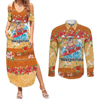 Hawaii Mele Kalikimaka Couples Matching Summer Maxi Dress and Long Sleeve Button Shirt Funny Santa Claus Surfing on Tropical Plants - Polynesian Pride