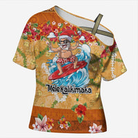 Hawaii Mele Kalikimaka Cross Shoulder Shirt Funny Santa Claus Surfing on Tropical Plants - Polynesian Pride