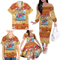 Hawaii Mele Kalikimaka Family Matching Off The Shoulder Long Sleeve Dress and Hawaiian Shirt Funny Santa Claus Surfing on Tropical Plants LT03 - Polynesian Pride