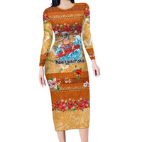 Hawaii Mele Kalikimaka Long Sleeve Bodycon Dress Funny Santa Claus Surfing on Tropical Plants - Polynesian Pride