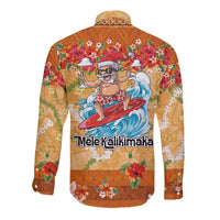Hawaii Mele Kalikimaka Long Sleeve Button Shirt Funny Santa Claus Surfing on Tropical Plants - Polynesian Pride