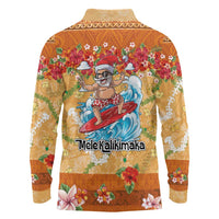 Hawaii Mele Kalikimaka Long Sleeve Polo Shirt Funny Santa Claus Surfing on Tropical Plants - Polynesian Pride