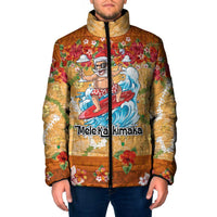 Hawaii Mele Kalikimaka Padded Jacket Funny Santa Claus Surfing on Tropical Plants - Polynesian Pride