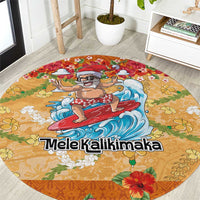 Hawaii Mele Kalikimaka Round Carpet Funny Santa Claus Surfing on Tropical Plants - Polynesian Pride