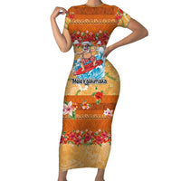 Hawaii Mele Kalikimaka Short Sleeve Bodycon Dress Funny Santa Claus Surfing on Tropical Plants LT03 Long Dress Multicolor - Polynesian Pride