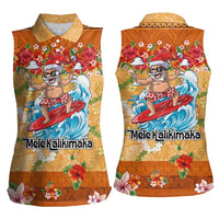Hawaii Mele Kalikimaka Women Sleeveless Polo Shirt Funny Santa Claus Surfing on Tropical Plants - Polynesian Pride