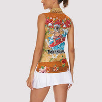 Hawaii Mele Kalikimaka Women Sleeveless Polo Shirt Funny Santa Claus Surfing on Tropical Plants - Polynesian Pride