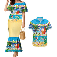 Polynesian Merry Christmas Couples Matching Mermaid Dress and Hawaiian Shirt Funny Santa Beach Tropical Plant and Turtle - Polynesian Pride