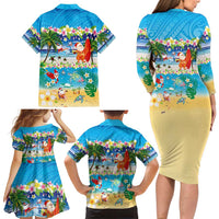 Polynesian Merry Christmas Family Matching Long Sleeve Bodycon Dress and Hawaiian Shirt Funny Santa Beach Tropical Plant and Turtle - Polynesian Pride