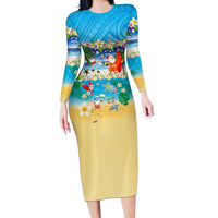 Polynesian Merry Christmas Family Matching Long Sleeve Bodycon Dress and Hawaiian Shirt Funny Santa Beach Tropical Plant and Turtle - Polynesian Pride