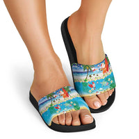 Polynesian Merry Christmas Slide Sandals Funny Santa Beach Tropical Plant and Turtle - Polynesian Pride