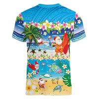 Polynesian Merry Christmas Women V-Neck T-Shirt Funny Santa Beach Tropical Plant and Turtle - Polynesian Pride