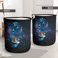 Aotearoa Matariki Laundry Basket Maori Tribal with Silver Fern and Tui Bird Galaxy Style - Polynesian Pride