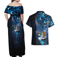 Aotearoa Matariki Couples Matching Off Shoulder Maxi Dress and Hawaiian Shirt Maori Tribal with Silver Fern and Tui Bird Galaxy Style LT03 - Polynesian Pride