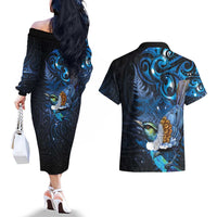 Aotearoa Matariki Couples Matching Off The Shoulder Long Sleeve Dress and Hawaiian Shirt Maori Tribal with Silver Fern and Tui Bird Galaxy Style - Polynesian Pride