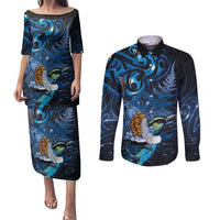Aotearoa Matariki Couples Matching Puletasi and Long Sleeve Button Shirt Maori Tribal with Silver Fern and Tui Bird Galaxy Style - Polynesian Pride