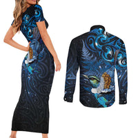 Aotearoa Matariki Couples Matching Short Sleeve Bodycon Dress and Long Sleeve Button Shirt Maori Tribal with Silver Fern and Tui Bird Galaxy Style - Polynesian Pride