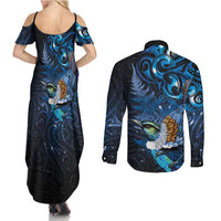 Aotearoa Matariki Couples Matching Summer Maxi Dress and Long Sleeve Button Shirt Maori Tribal with Silver Fern and Tui Bird Galaxy Style - Polynesian Pride