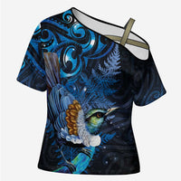 Aotearoa Matariki Cross Shoulder Shirt Maori Tribal with Silver Fern and Tui Bird Galaxy Style LT03 Female Navy - Polynesian Pride