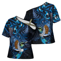 Aotearoa Matariki Cross Shoulder Shirt Maori Tribal with Silver Fern and Tui Bird Galaxy Style - Polynesian Pride