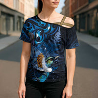 Aotearoa Matariki Cross Shoulder Shirt Maori Tribal with Silver Fern and Tui Bird Galaxy Style LT03 - Polynesian Pride