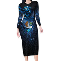 Aotearoa Matariki Family Matching Long Sleeve Bodycon Dress and Hawaiian Shirt Maori Tribal with Silver Fern and Tui Bird Galaxy Style - Polynesian Pride