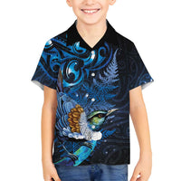 Aotearoa Matariki Family Matching Long Sleeve Bodycon Dress and Hawaiian Shirt Maori Tribal with Silver Fern and Tui Bird Galaxy Style - Polynesian Pride