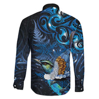 Aotearoa Matariki Family Matching Off The Shoulder Long Sleeve Dress and Hawaiian Shirt Maori Tribal with Silver Fern and Tui Bird Galaxy Style - Polynesian Pride