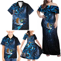 Aotearoa Matariki Family Matching Off Shoulder Maxi Dress and Hawaiian Shirt Maori Tribal with Silver Fern and Tui Bird Galaxy Style - Polynesian Pride