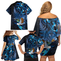 Aotearoa Matariki Family Matching Off Shoulder Short Dress and Hawaiian Shirt Maori Tribal with Silver Fern and Tui Bird Galaxy Style - Polynesian Pride
