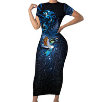 Aotearoa Matariki Family Matching Short Sleeve Bodycon Dress and Hawaiian Shirt Maori Tribal with Silver Fern and Tui Bird Galaxy Style - Polynesian Pride