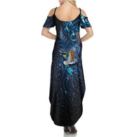 Aotearoa Matariki Family Matching Summer Maxi Dress and Hawaiian Shirt Maori Tribal with Silver Fern and Tui Bird Galaxy Style - Polynesian Pride