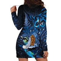 Aotearoa Matariki Hoodie Dress Maori Tribal with Silver Fern and Tui Bird Galaxy Style - Polynesian Pride